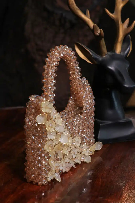 Handmade Champagne Crystal Floral Handbag for Women, Beaded Flower Mini Purse, Sparkly Evening Bag, Wedding Bridal Purse, Unique Gift for Her