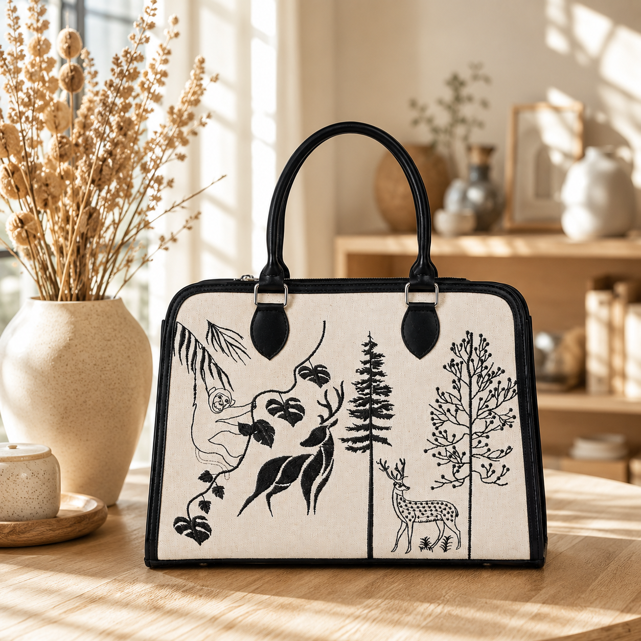 Personalized Forest Canvas Handbag | Custom Wildlife Tote Bag | Deer & Nature Print Women's Shoulder Bag | Monogram Gift for Her