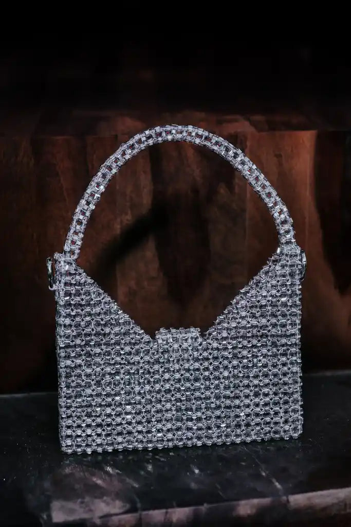 Handmade Silver Crystal Mini Handbag for Women, Rhinestone Evening Purse, Sparkly Bridal Wedding Bag, Luxury Party Clutch, Gift for Her
