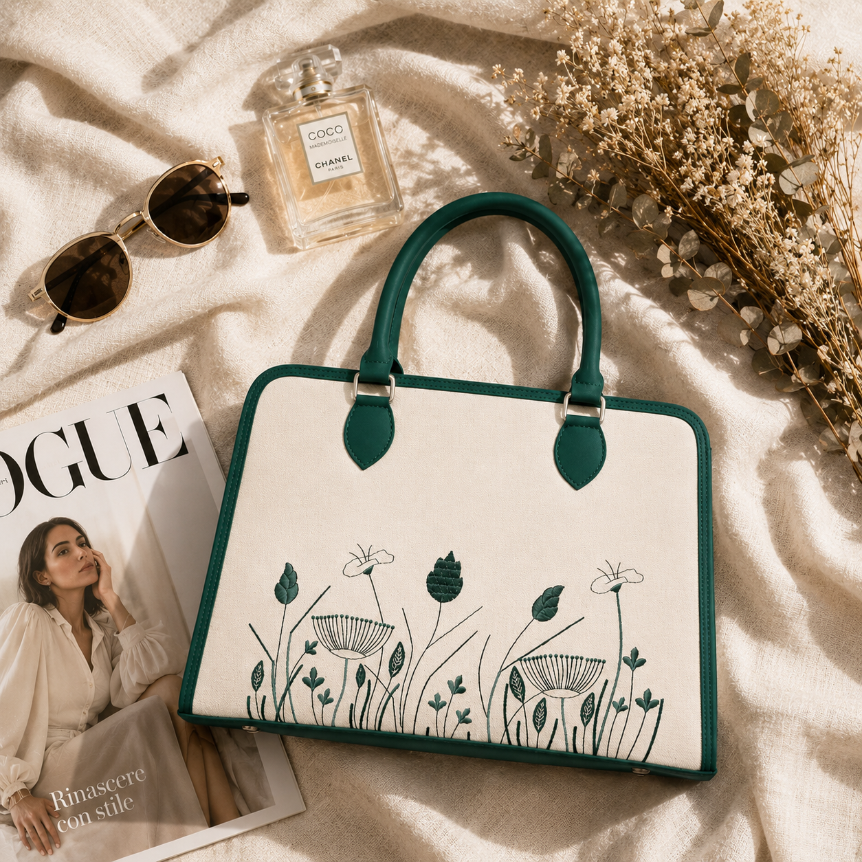 Elegant Floral Canvas Handbag with Green Leather Trim | Women's Structured Tote Bag