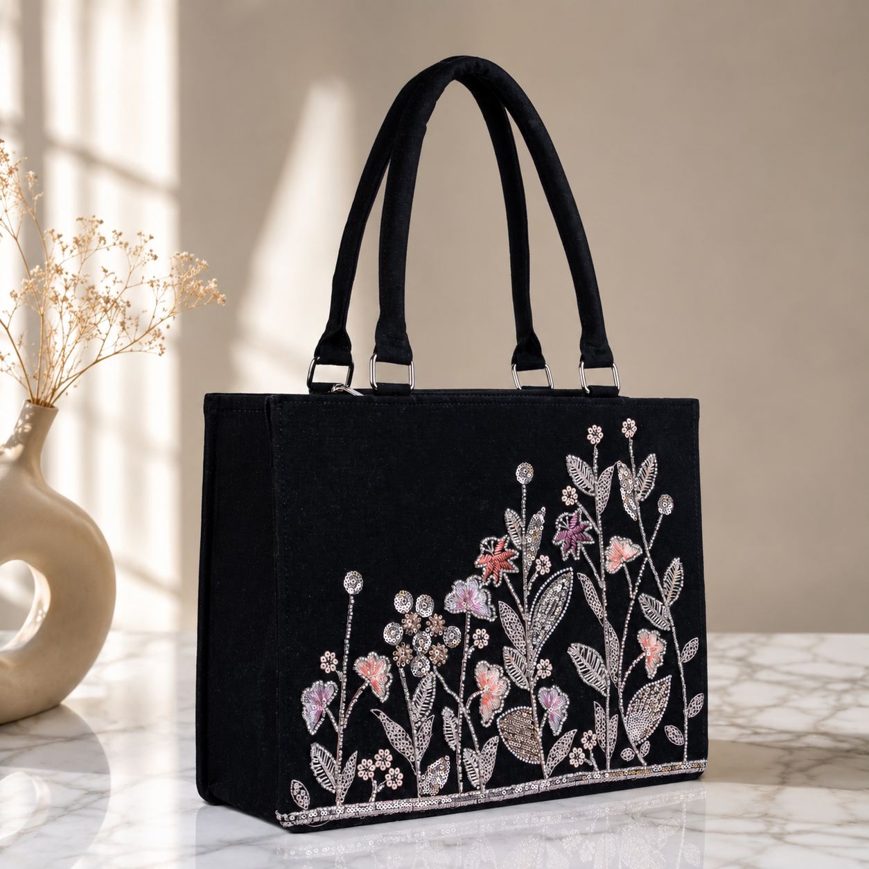 Black Floral Tote Bag | Embroidered Women's Shoulder Bag | Elegant Work Tote | Personalized Gift | Custom Handbag | Everyday Purse