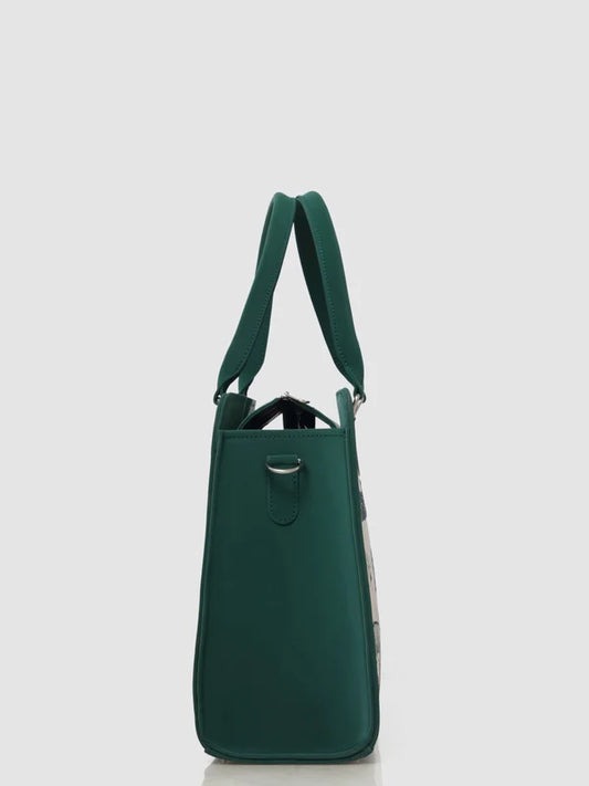 Elegant Floral Canvas Handbag with Green Leather Trim | Women's Structured Tote Bag