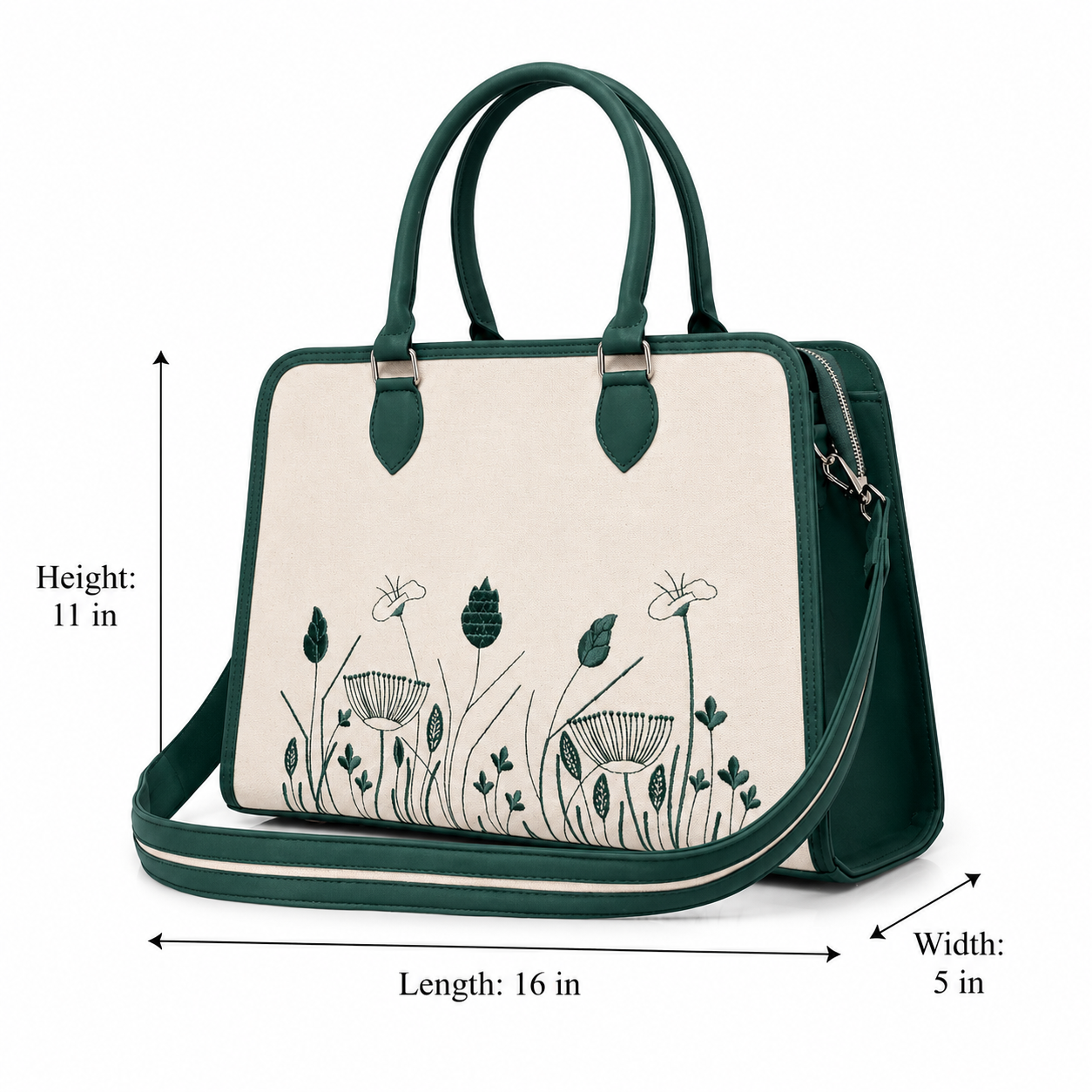 Elegant Floral Canvas Handbag with Green Leather Trim | Women's Structured Tote Bag
