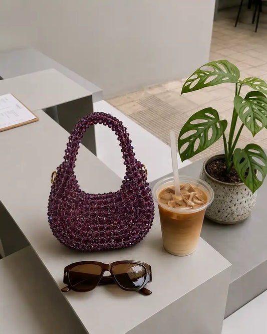 Handmade Purple Crystal Beaded Handbag for Women, Sparkly Mini Purse, Elegant Evening Bag, Wedding Party Handbag, Unique Gift for Her