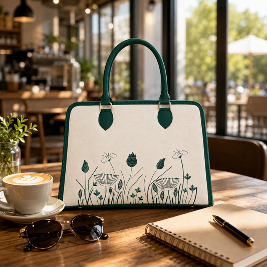 Elegant Floral Canvas Handbag with Green Leather Trim | Women's Structured Tote Bag