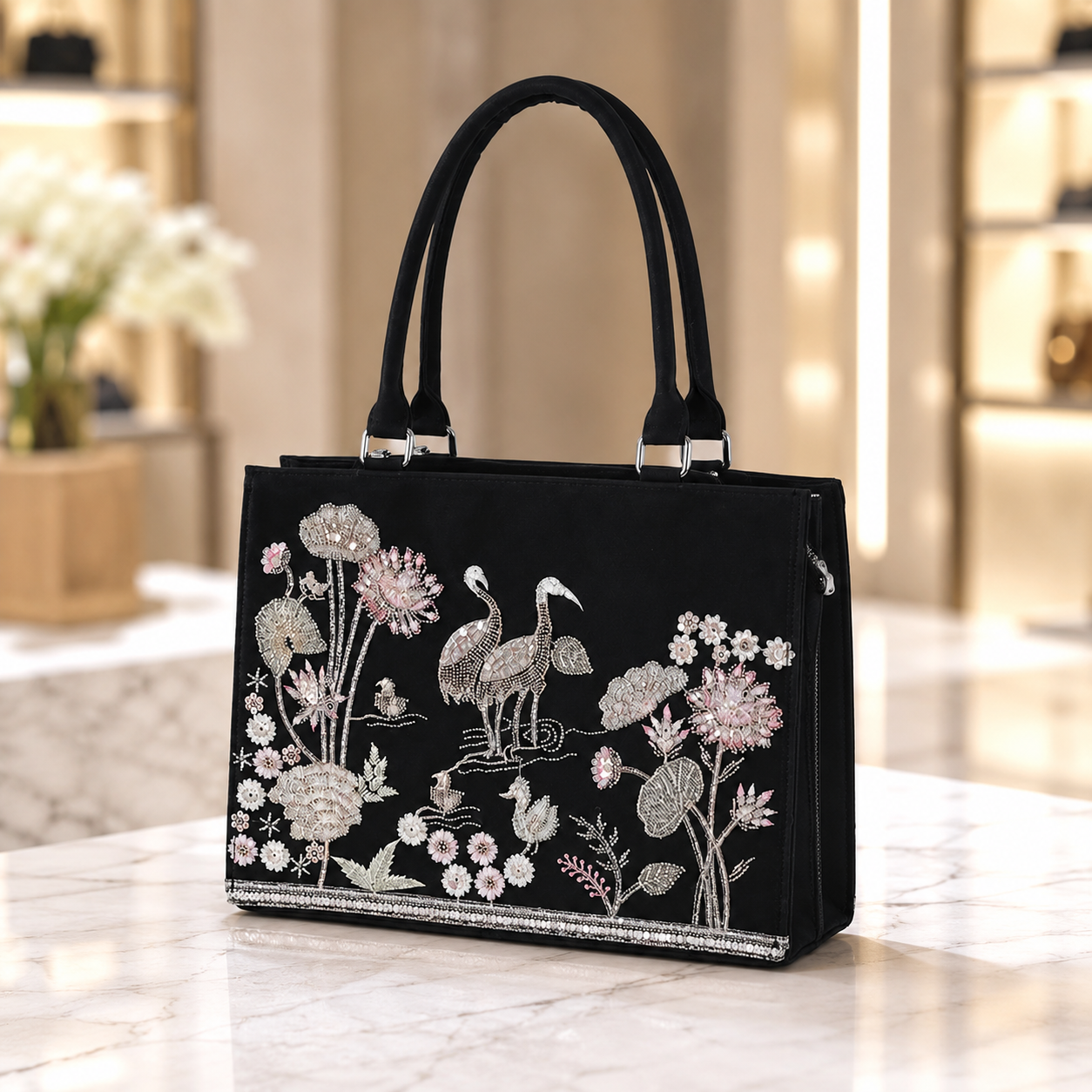 Luxury Embroidered Floral & Crane Tote Bag for Women | Premium Shoulder Handbag | Large Capacity Everyday Carryall