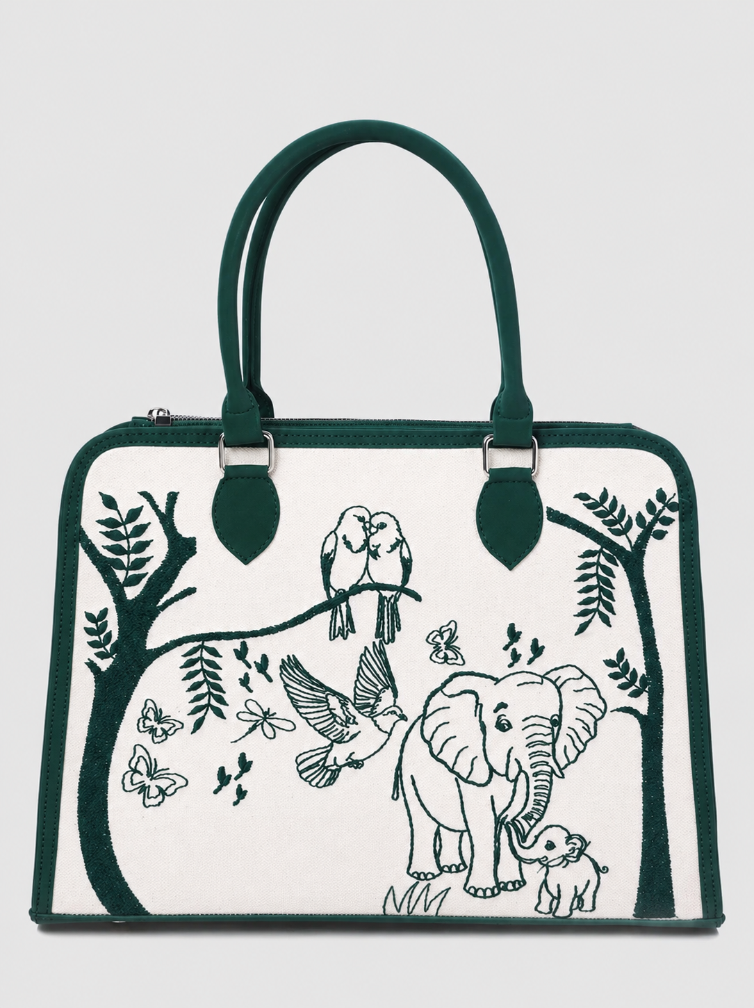 Personalized Elephant & Birds Canvas Handbag | Custom Women's Tote Bag | Nature-Inspired Shoulder Purse | Monogram Gift for Her