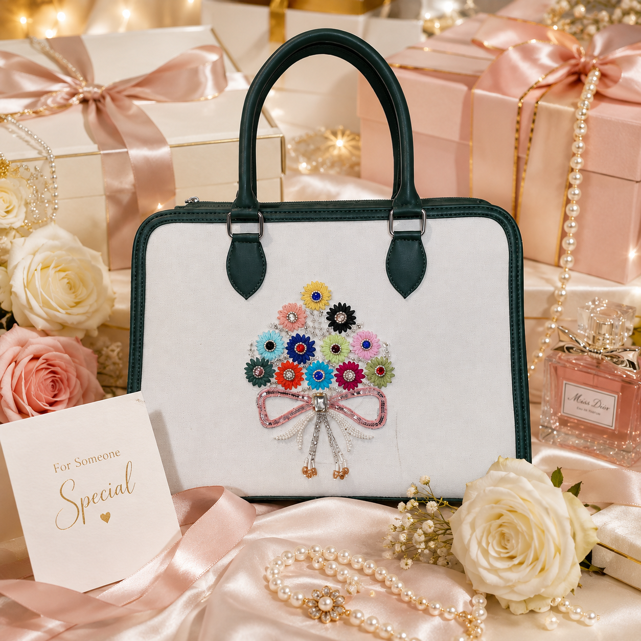 Handmade Embroidered Women’s Tote Bag – Elegant Designer Handbag