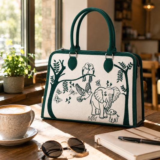 Personalized Elephant & Birds Canvas Handbag | Custom Women's Tote Bag | Nature-Inspired Shoulder Purse | Monogram Gift for Her