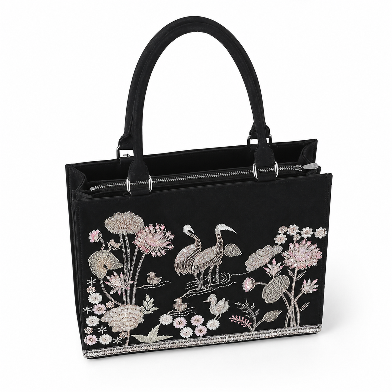 Luxury Embroidered Floral & Crane Tote Bag for Women | Premium Shoulder Handbag | Large Capacity Everyday Carryall