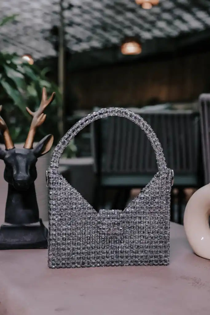 Handmade Silver Crystal Mini Handbag for Women, Rhinestone Evening Purse, Sparkly Bridal Wedding Bag, Luxury Party Clutch, Gift for Her