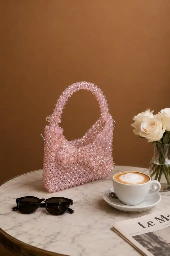 Handmade Pink Crystal Beaded Handbag for Women, Sparkly Mini Purse, Elegant Evening Bag, Wedding Bridal Party Purse, Unique Gift for Her
