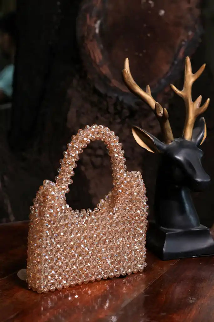 Handmade Champagne Crystal Floral Handbag for Women, Beaded Flower Mini Purse, Sparkly Evening Bag, Wedding Bridal Purse, Unique Gift for Her