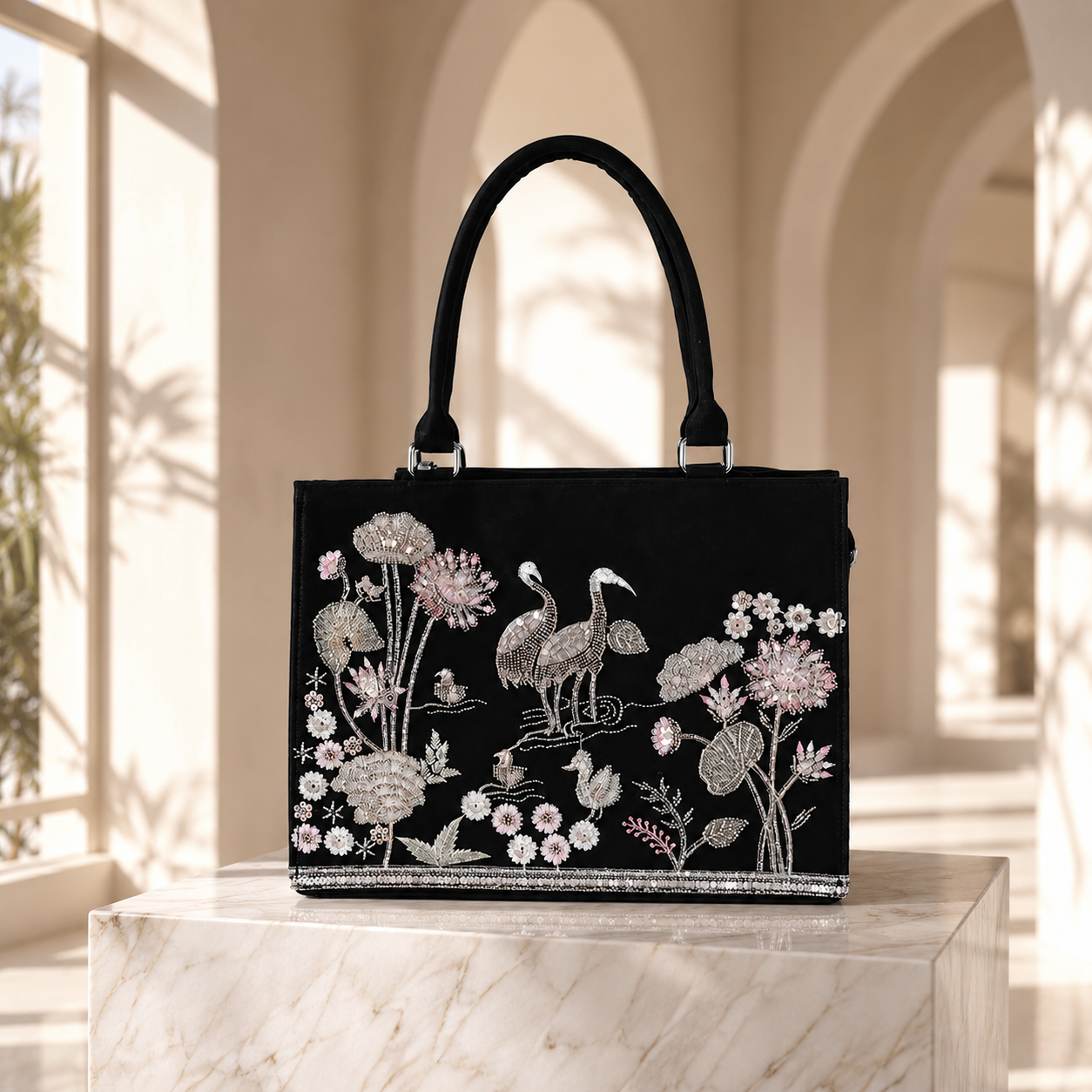 Luxury Embroidered Floral & Crane Tote Bag for Women | Premium Shoulder Handbag | Large Capacity Everyday Carryall