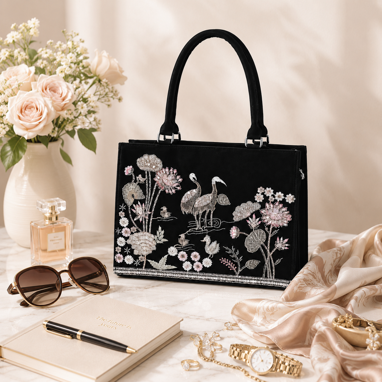 Luxury Embroidered Floral & Crane Tote Bag for Women | Premium Shoulder Handbag | Large Capacity Everyday Carryall