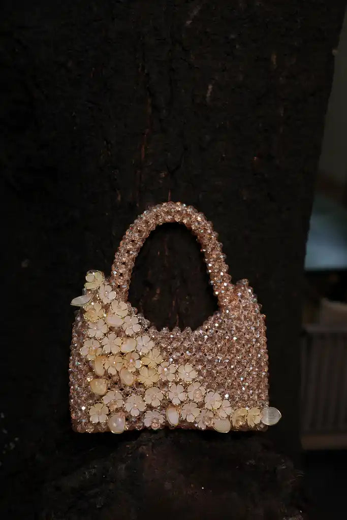 Handmade Champagne Crystal Floral Handbag for Women, Beaded Flower Mini Purse, Sparkly Evening Bag, Wedding Bridal Purse, Unique Gift for Her