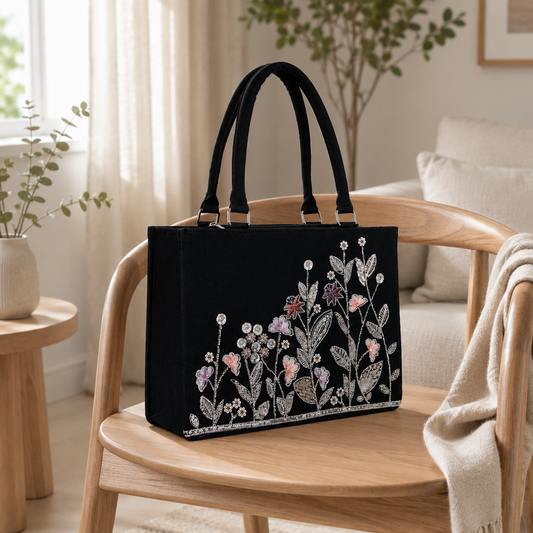Black Floral Tote Bag | Embroidered Women's Shoulder Bag | Elegant Work Tote | Personalized Gift | Custom Handbag | Everyday Purse