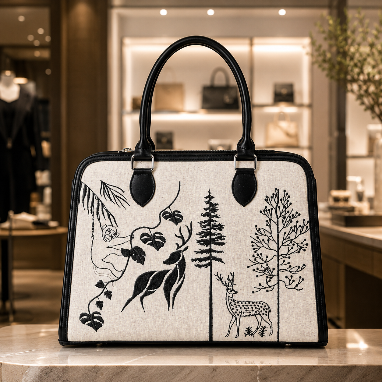Personalized Forest Canvas Handbag | Custom Wildlife Tote Bag | Deer & Nature Print Women's Shoulder Bag | Monogram Gift for Her