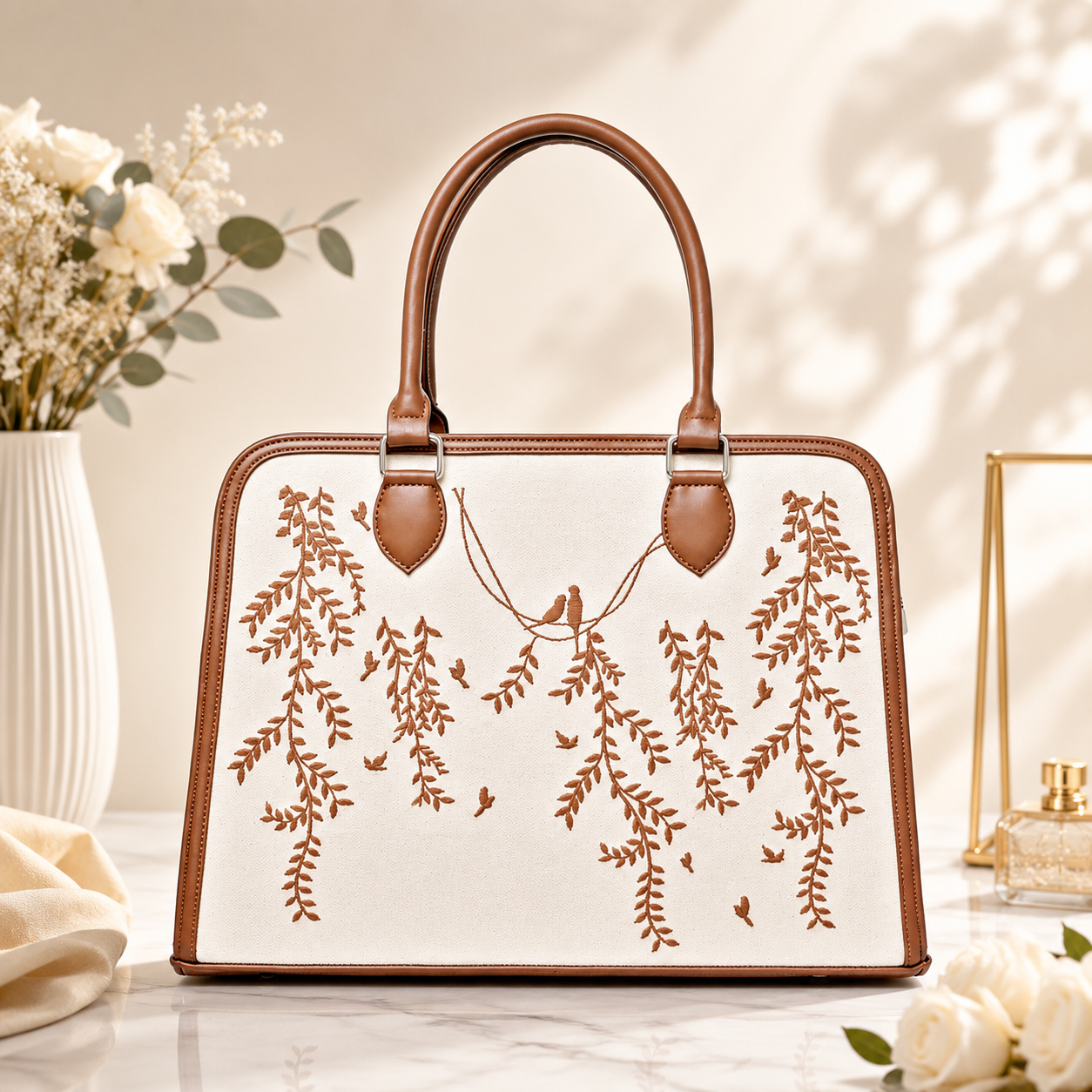 Custom Canvas & Leather Tote Bag | Personalized Floral Handbag | Elegant Women's Shoulder Tote