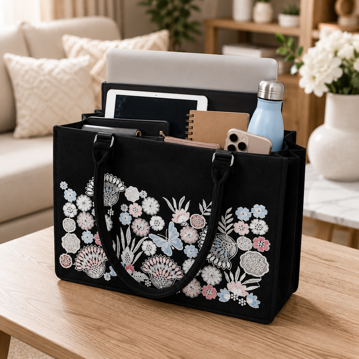 Luxury Floral Embroidered Tote Bag for Women | Premium Designer Shoulder Handbag | Large Capacity Everyday Carryall