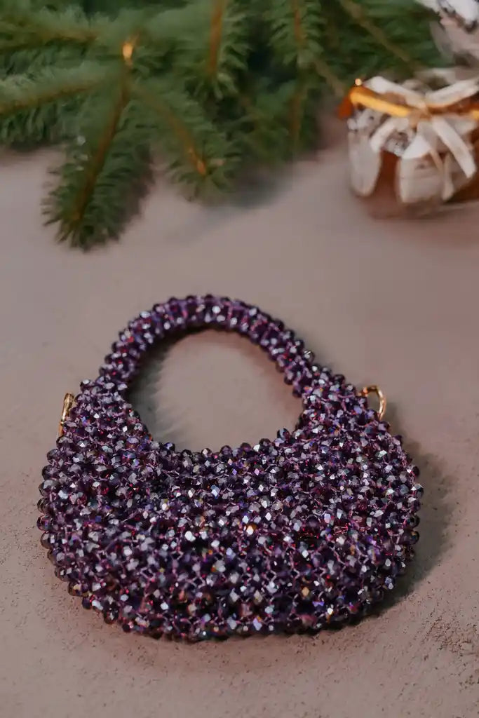 Handmade Purple Crystal Beaded Handbag for Women, Sparkly Mini Purse, Elegant Evening Bag, Wedding Party Handbag, Unique Gift for Her