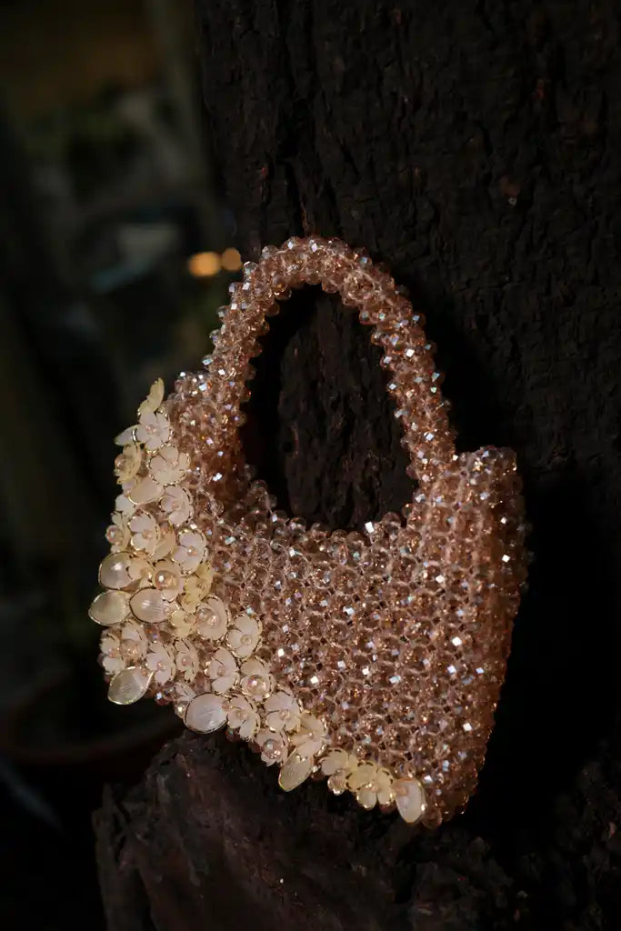 Handmade Champagne Crystal Floral Handbag for Women, Beaded Flower Mini Purse, Sparkly Evening Bag, Wedding Bridal Purse, Unique Gift for Her