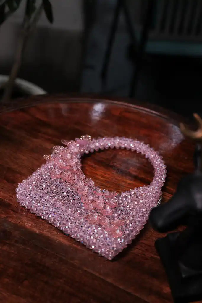 Handmade Pink Crystal Beaded Handbag for Women, Sparkly Mini Purse, Elegant Evening Bag, Wedding Bridal Party Purse, Unique Gift for Her