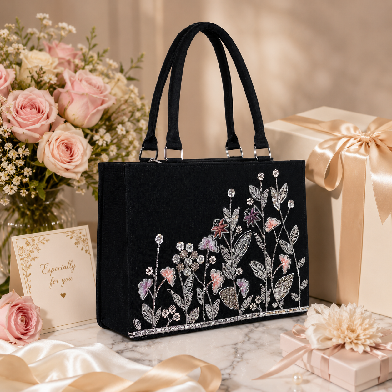 Black Floral Tote Bag | Embroidered Women's Shoulder Bag | Elegant Work Tote | Personalized Gift | Custom Handbag | Everyday Purse