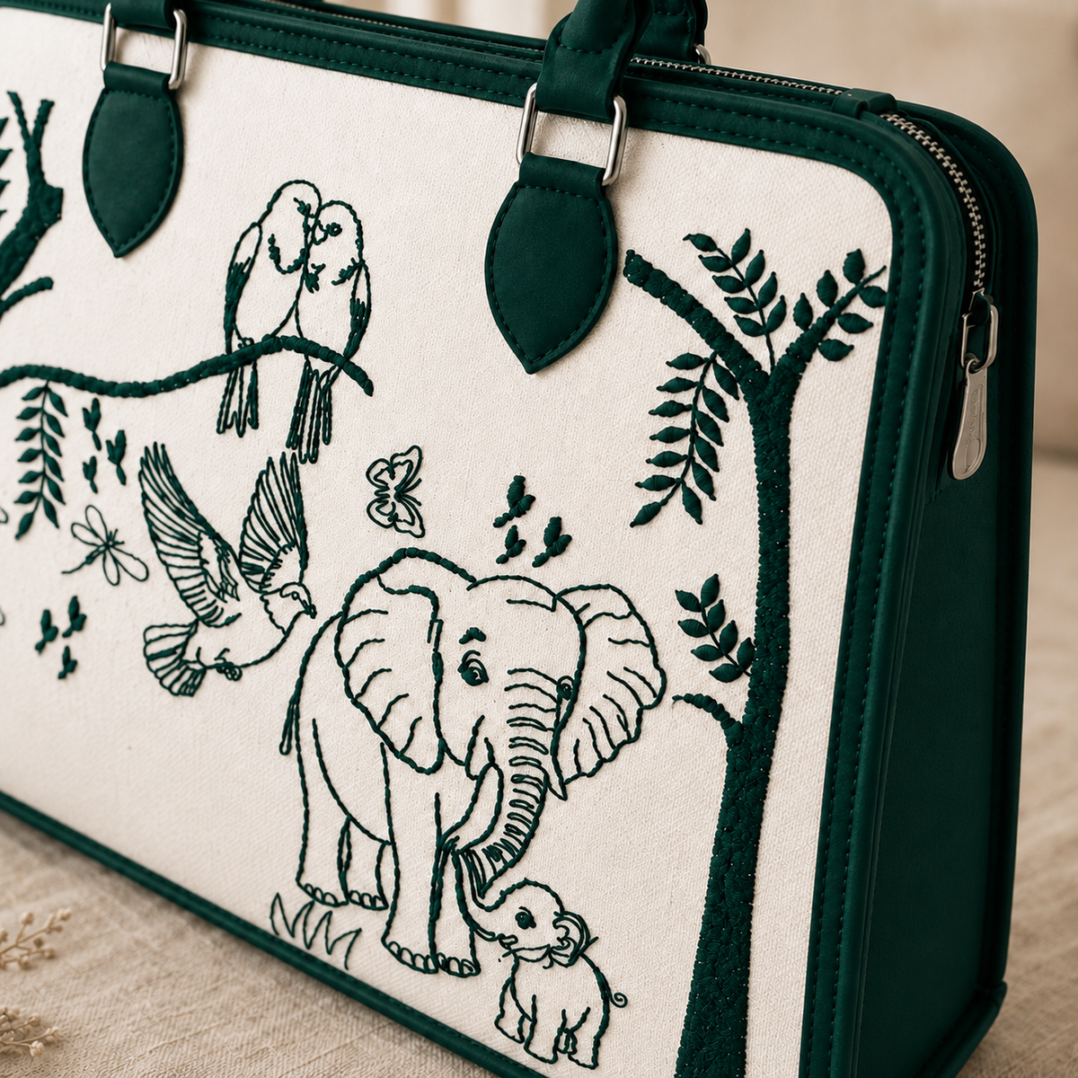 Personalized Elephant & Birds Canvas Handbag | Custom Women's Tote Bag | Nature-Inspired Shoulder Purse | Monogram Gift for Her