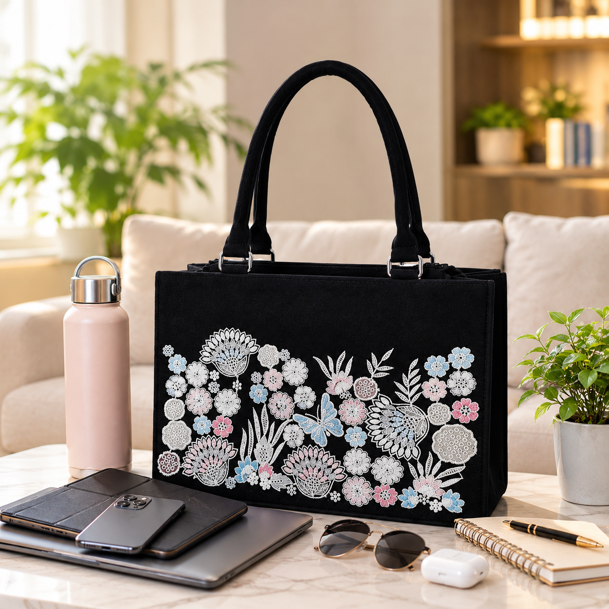 Luxury Floral Embroidered Tote Bag for Women | Premium Designer Shoulder Handbag | Large Capacity Everyday Carryall