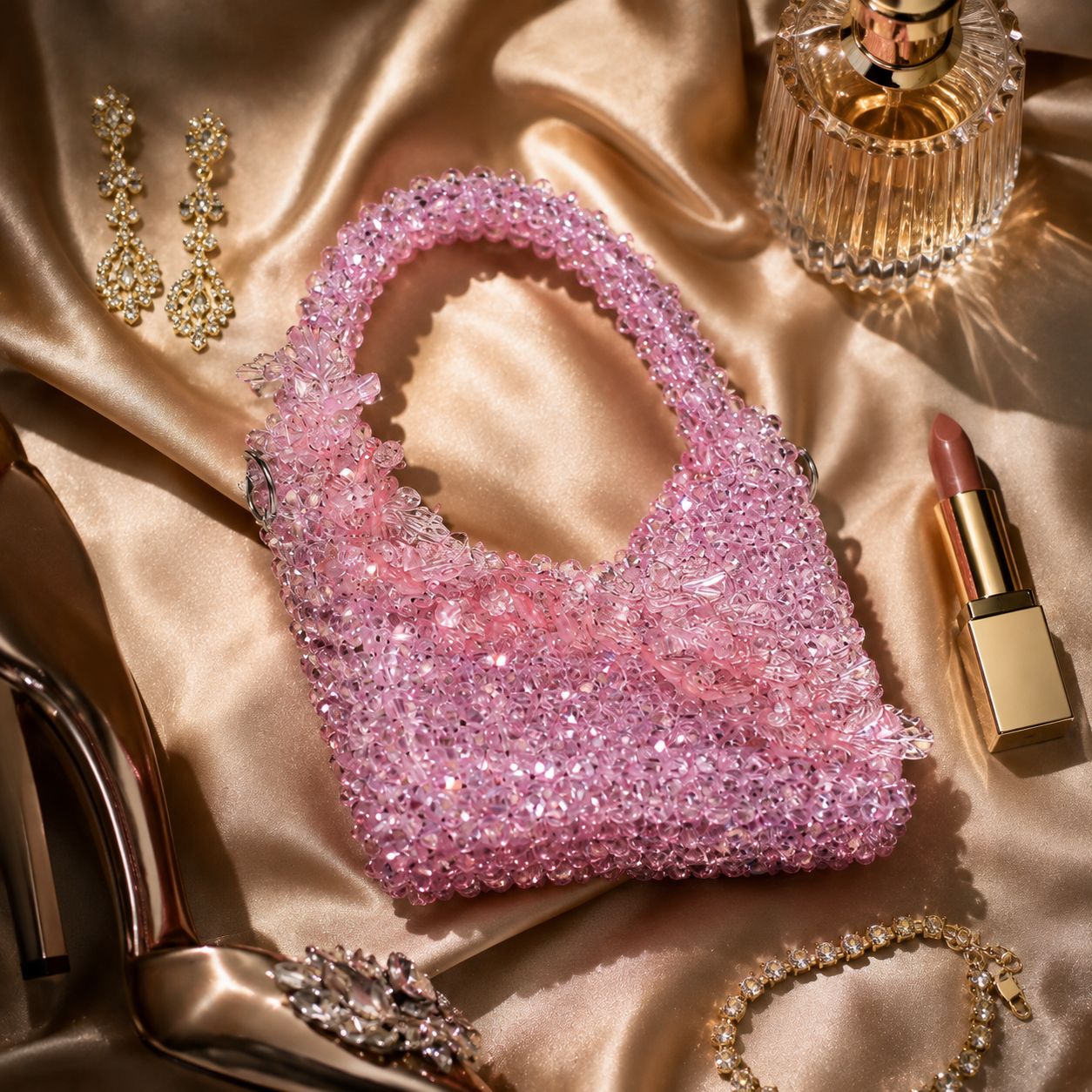 Handmade Pink Crystal Beaded Handbag for Women, Sparkly Mini Purse, Elegant Evening Bag, Wedding Bridal Party Purse, Unique Gift for Her