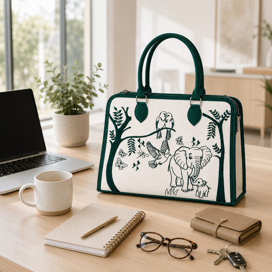 Personalized Elephant & Birds Canvas Handbag | Custom Women's Tote Bag | Nature-Inspired Shoulder Purse | Monogram Gift for Her