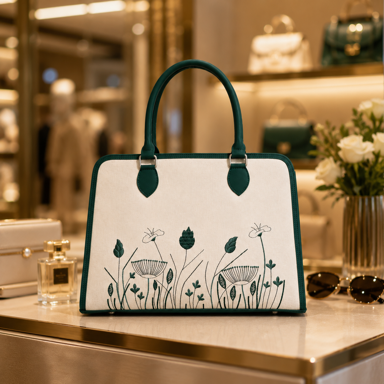 Elegant Floral Canvas Handbag with Green Leather Trim | Women's Structured Tote Bag
