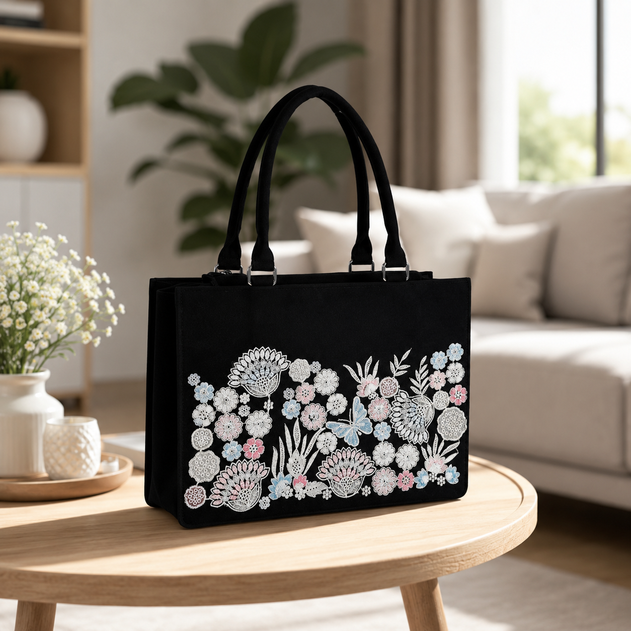 Luxury Floral Embroidered Tote Bag for Women | Premium Designer Shoulder Handbag | Large Capacity Everyday Carryall