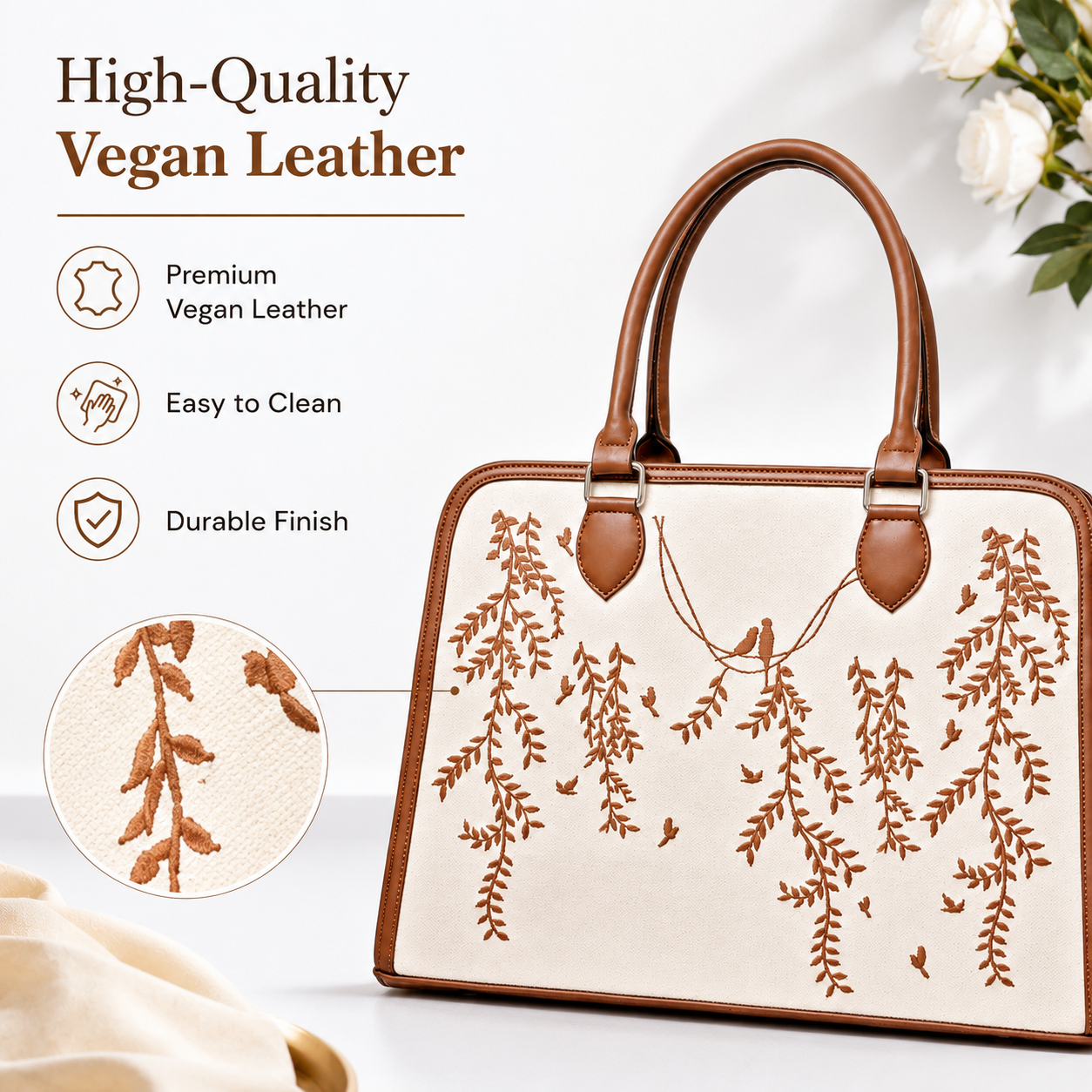 Custom Canvas & Leather Tote Bag | Personalized Floral Handbag | Elegant Women's Shoulder Tote