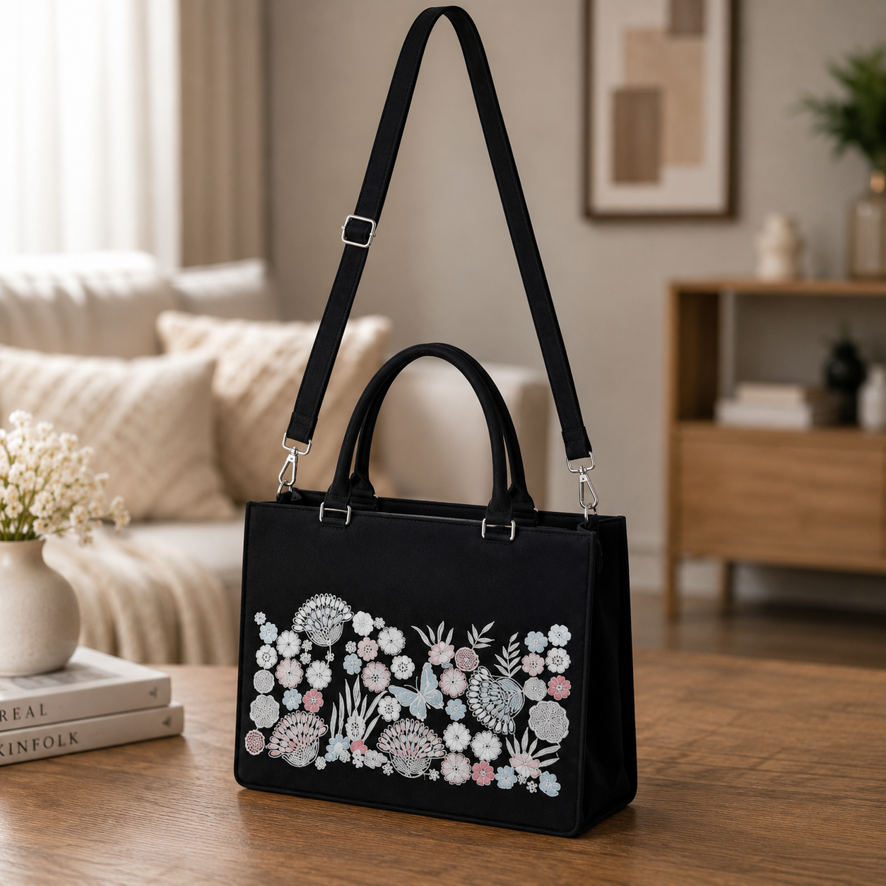 Luxury Floral Embroidered Tote Bag for Women | Premium Designer Shoulder Handbag | Large Capacity Everyday Carryall