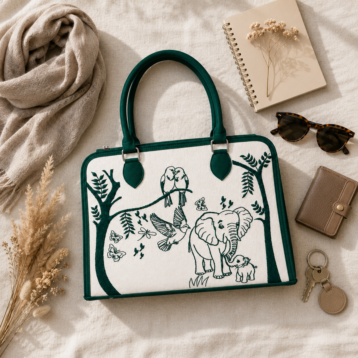 Personalized Elephant & Birds Canvas Handbag | Custom Women's Tote Bag | Nature-Inspired Shoulder Purse | Monogram Gift for Her