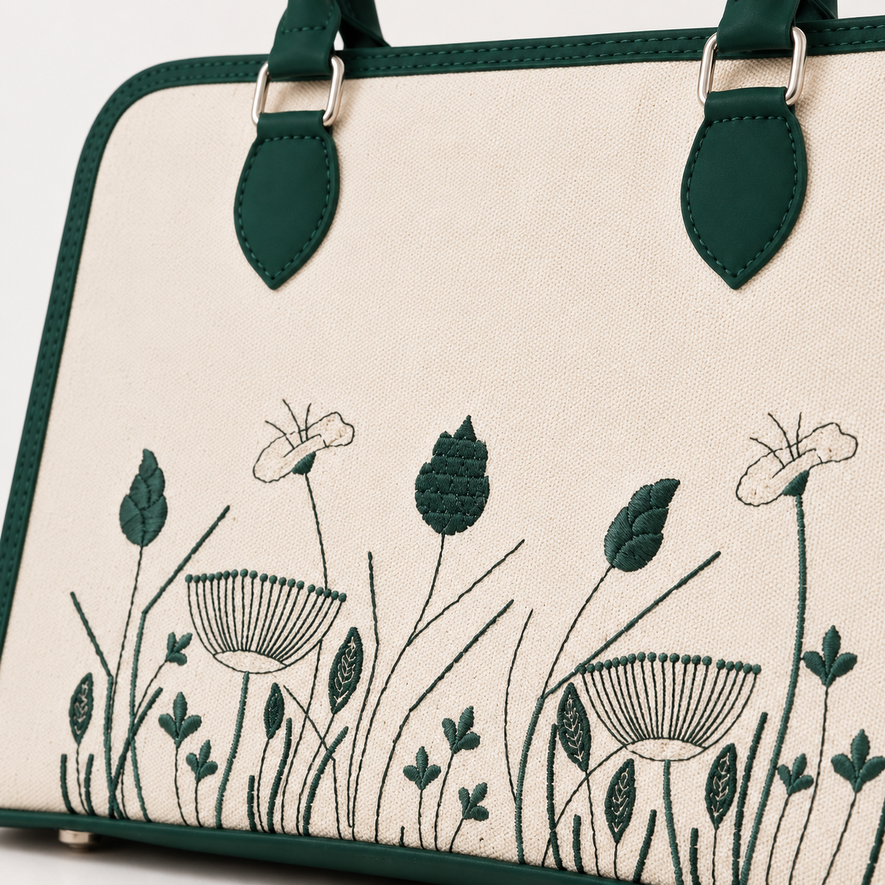 Elegant Floral Canvas Handbag with Green Leather Trim | Women's Structured Tote Bag