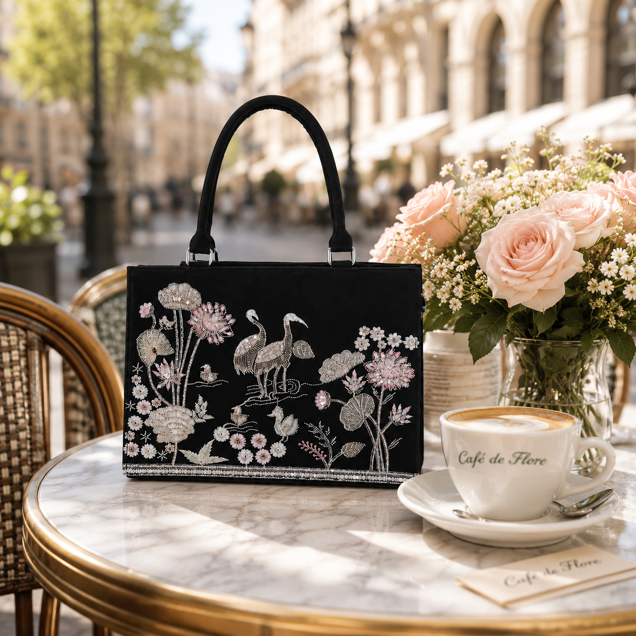 Luxury Embroidered Floral & Crane Tote Bag for Women | Premium Shoulder Handbag | Large Capacity Everyday Carryall