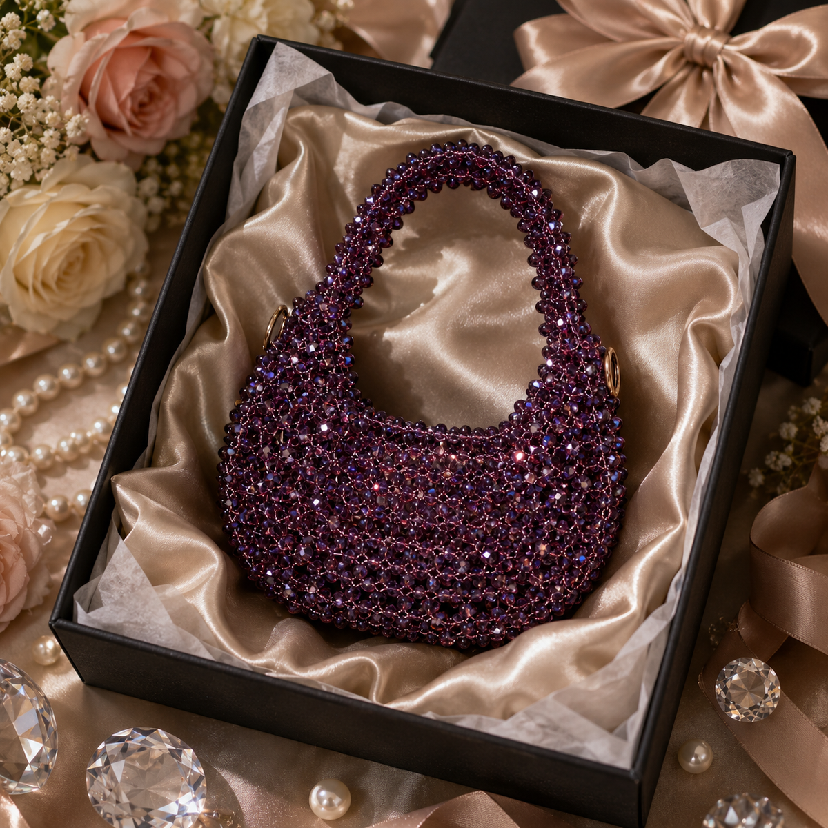 Handmade Purple Crystal Beaded Handbag for Women, Sparkly Mini Purse, Elegant Evening Bag, Wedding Party Handbag, Unique Gift for Her