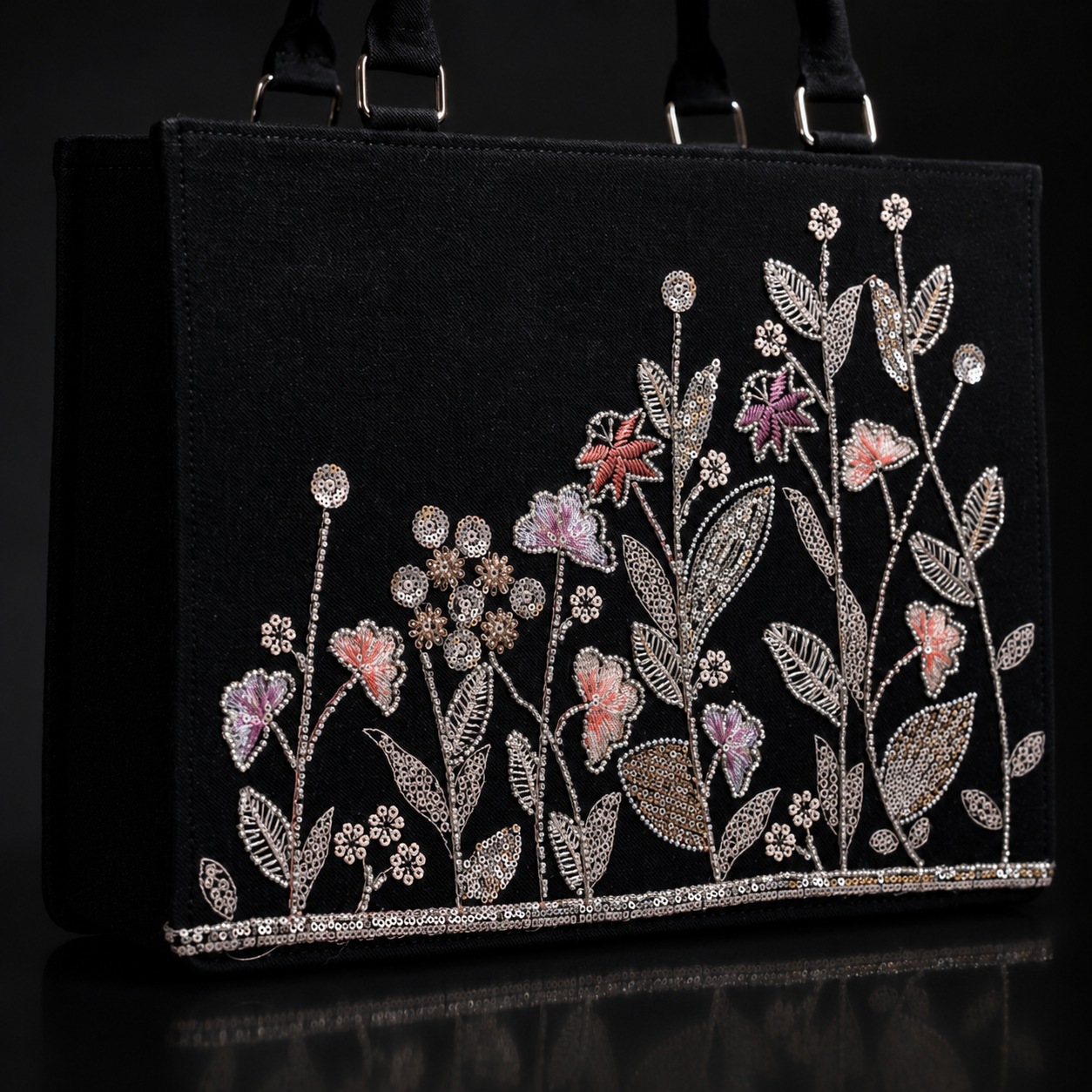 Black Floral Tote Bag | Embroidered Women's Shoulder Bag | Elegant Work Tote | Personalized Gift | Custom Handbag | Everyday Purse