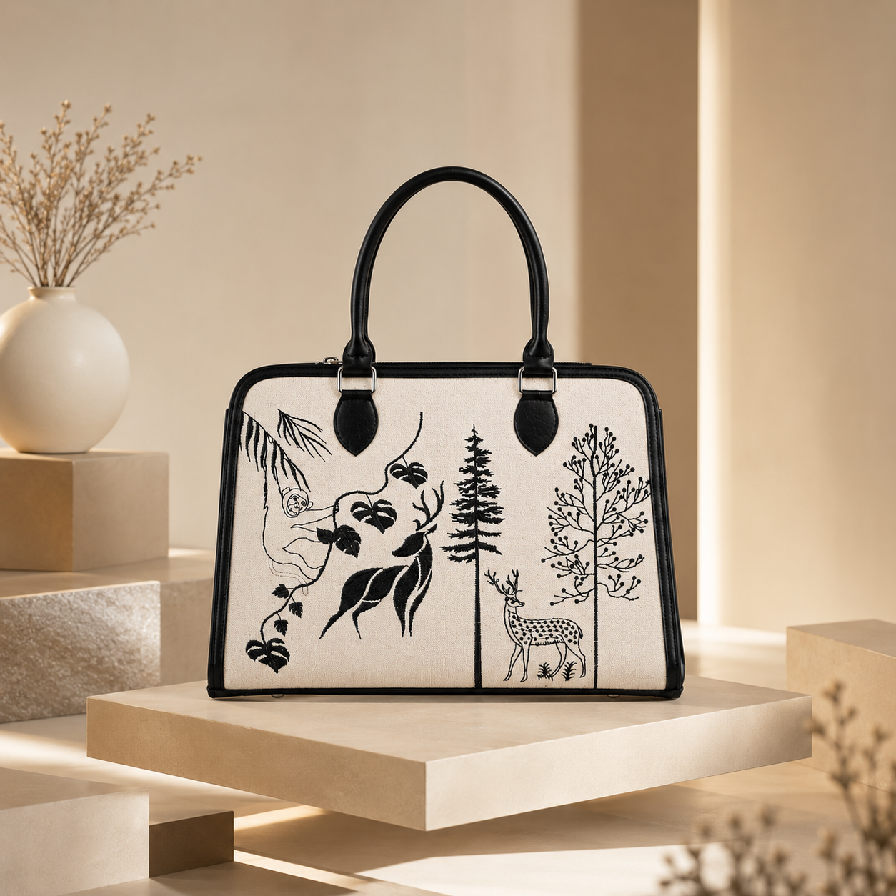 Personalized Forest Canvas Handbag | Custom Wildlife Tote Bag | Deer & Nature Print Women's Shoulder Bag | Monogram Gift for Her