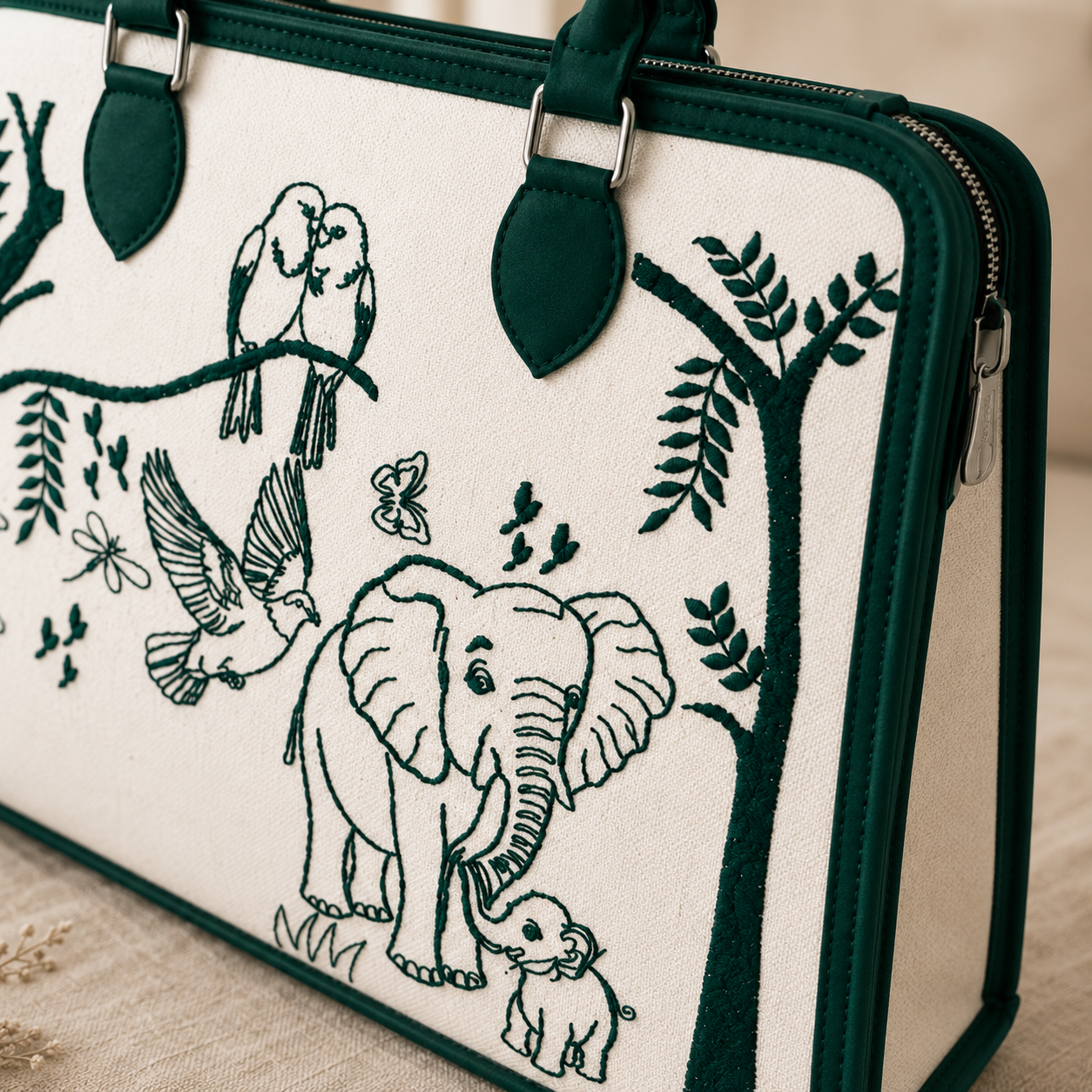 Personalized Elephant & Birds Canvas Handbag | Custom Women's Tote Bag | Nature-Inspired Shoulder Purse | Monogram Gift for Her