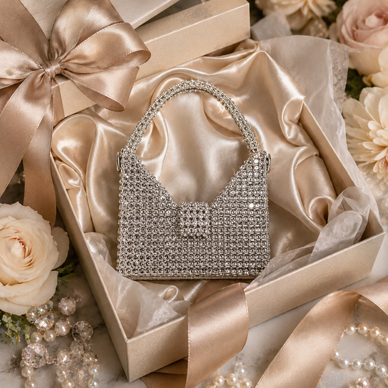 Handmade Silver Crystal Mini Handbag for Women, Rhinestone Evening Purse, Sparkly Bridal Wedding Bag, Luxury Party Clutch, Gift for Her