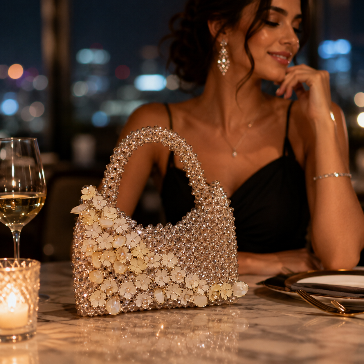 Handmade Champagne Crystal Floral Handbag for Women, Beaded Flower Mini Purse, Sparkly Evening Bag, Wedding Bridal Purse, Unique Gift for Her