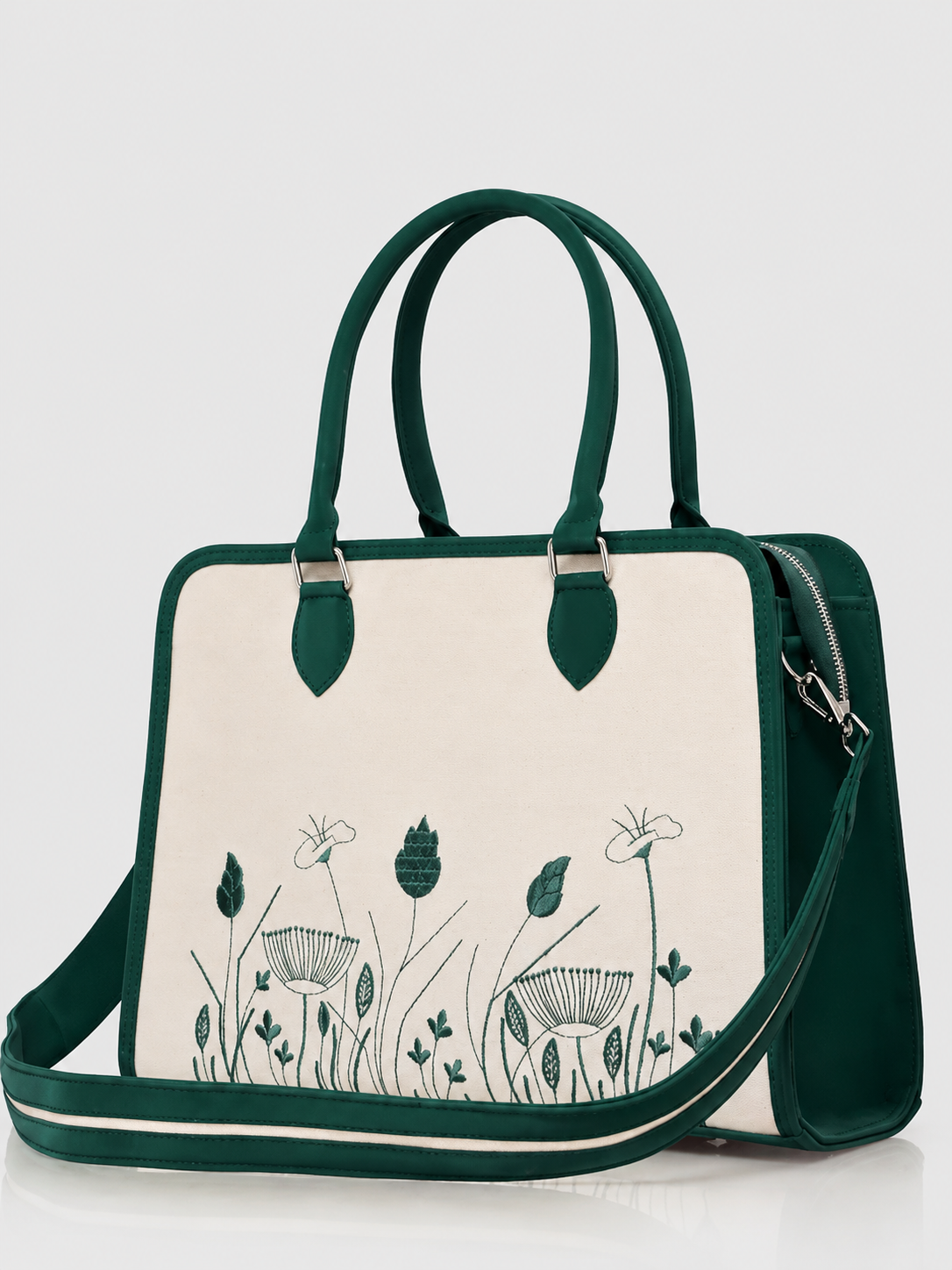 Elegant Floral Canvas Handbag with Green Leather Trim | Women's Structured Tote Bag