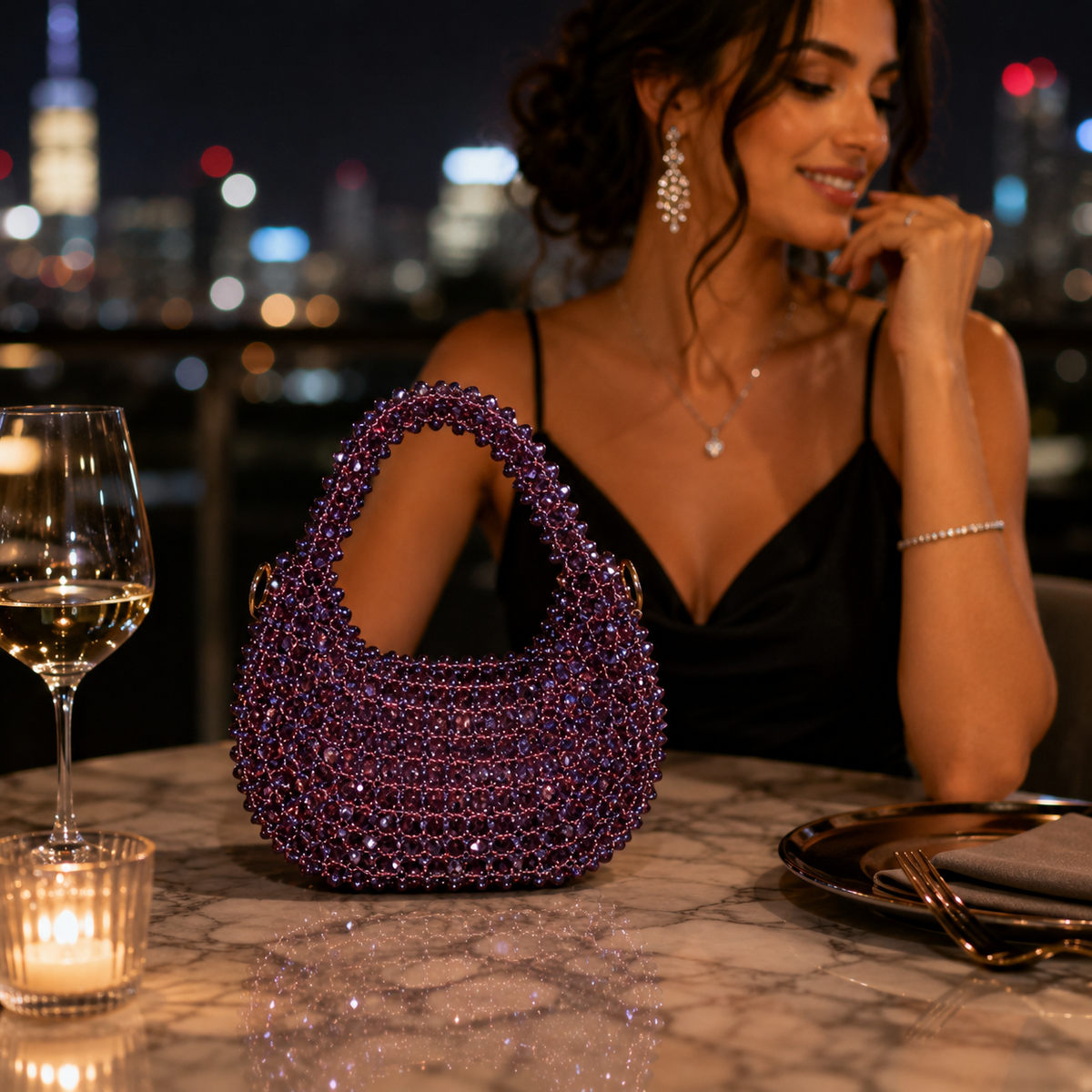 Handmade Purple Crystal Beaded Handbag for Women, Sparkly Mini Purse, Elegant Evening Bag, Wedding Party Handbag, Unique Gift for Her