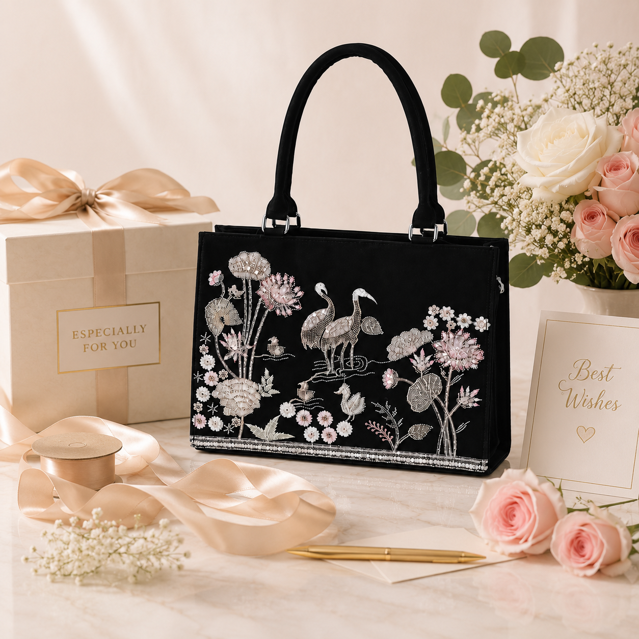 Luxury Embroidered Floral & Crane Tote Bag for Women | Premium Shoulder Handbag | Large Capacity Everyday Carryall