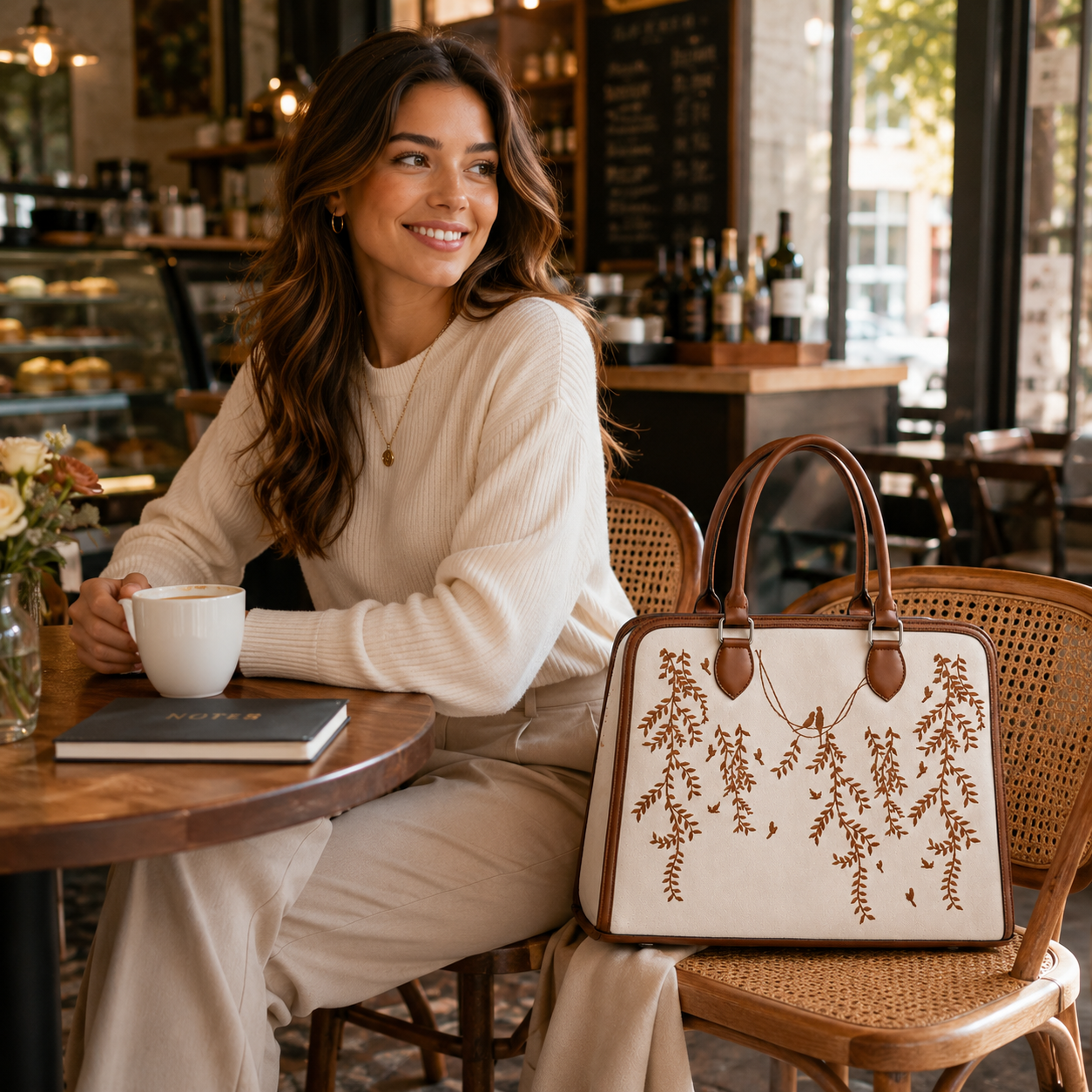 Custom Canvas & Leather Tote Bag | Personalized Floral Handbag | Elegant Women's Shoulder Tote