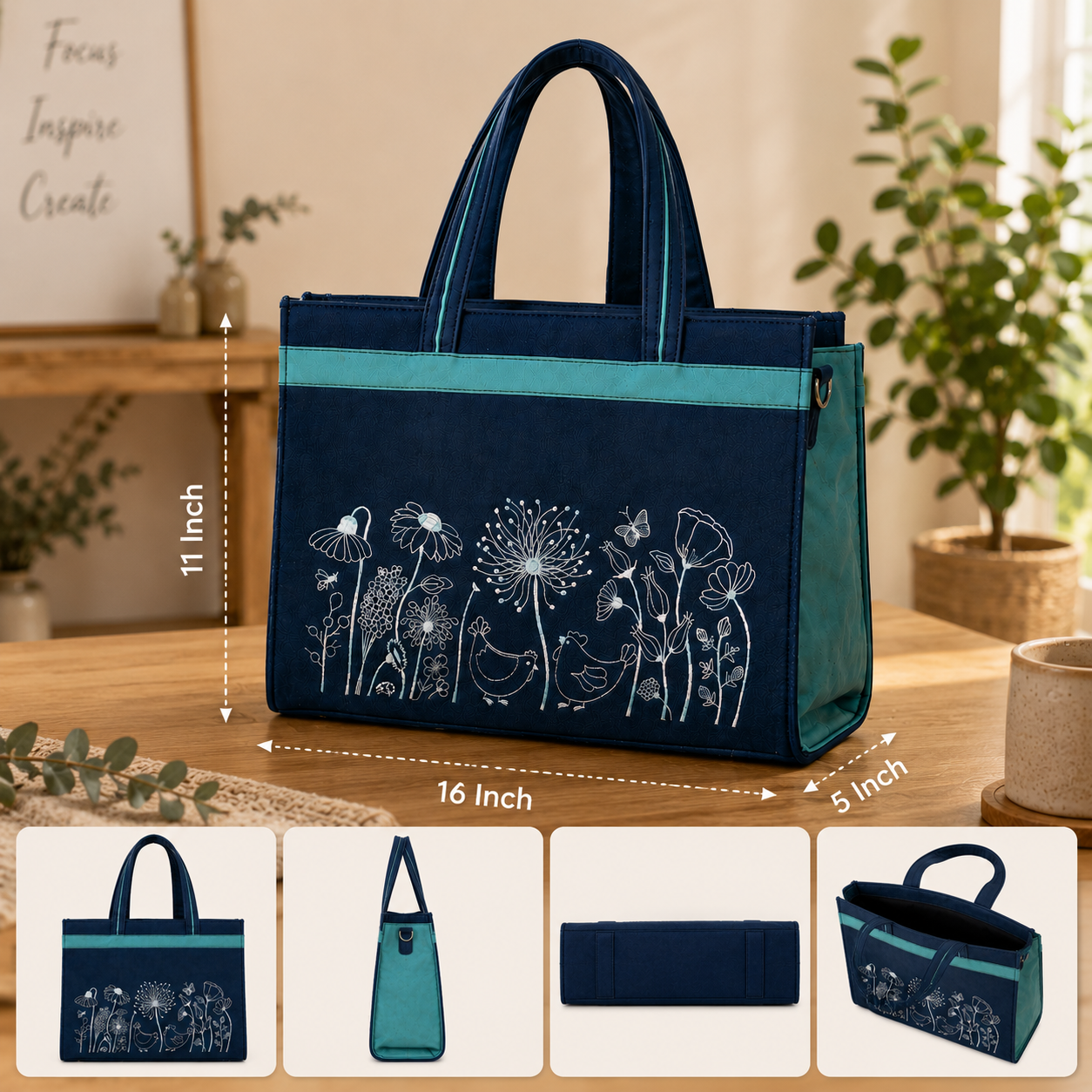 Floral Work Tote Bag | Embroidered Everyday Purse | Custom Women's Gift